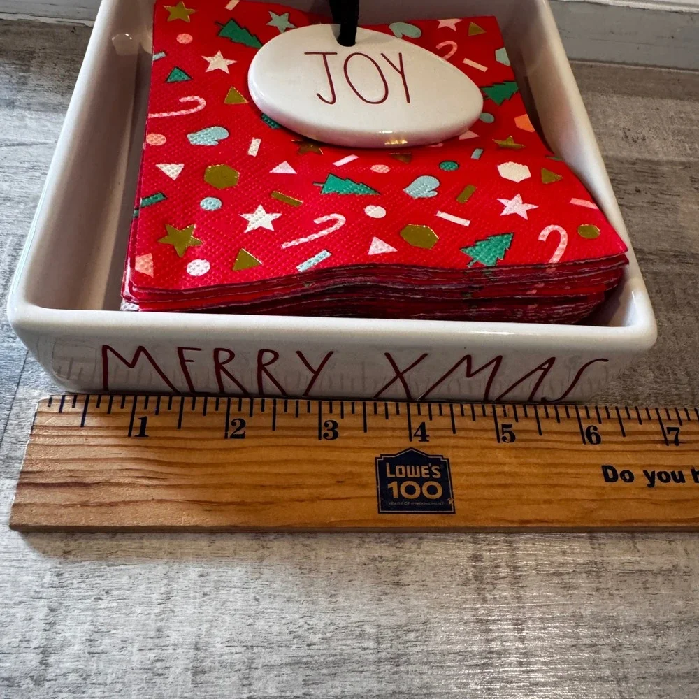 Rae‎ Dunn Merry Xmas Dish JOY Tag Christmas Holiday Decor Napkin Holder Set